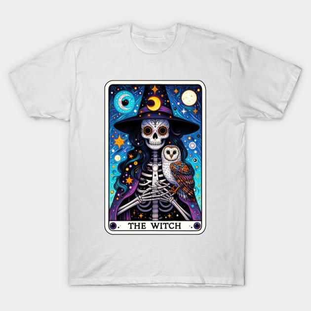 Mystical Night Sky Witch Skeleton and Owl Tarot T-Shirt by ThatVibe